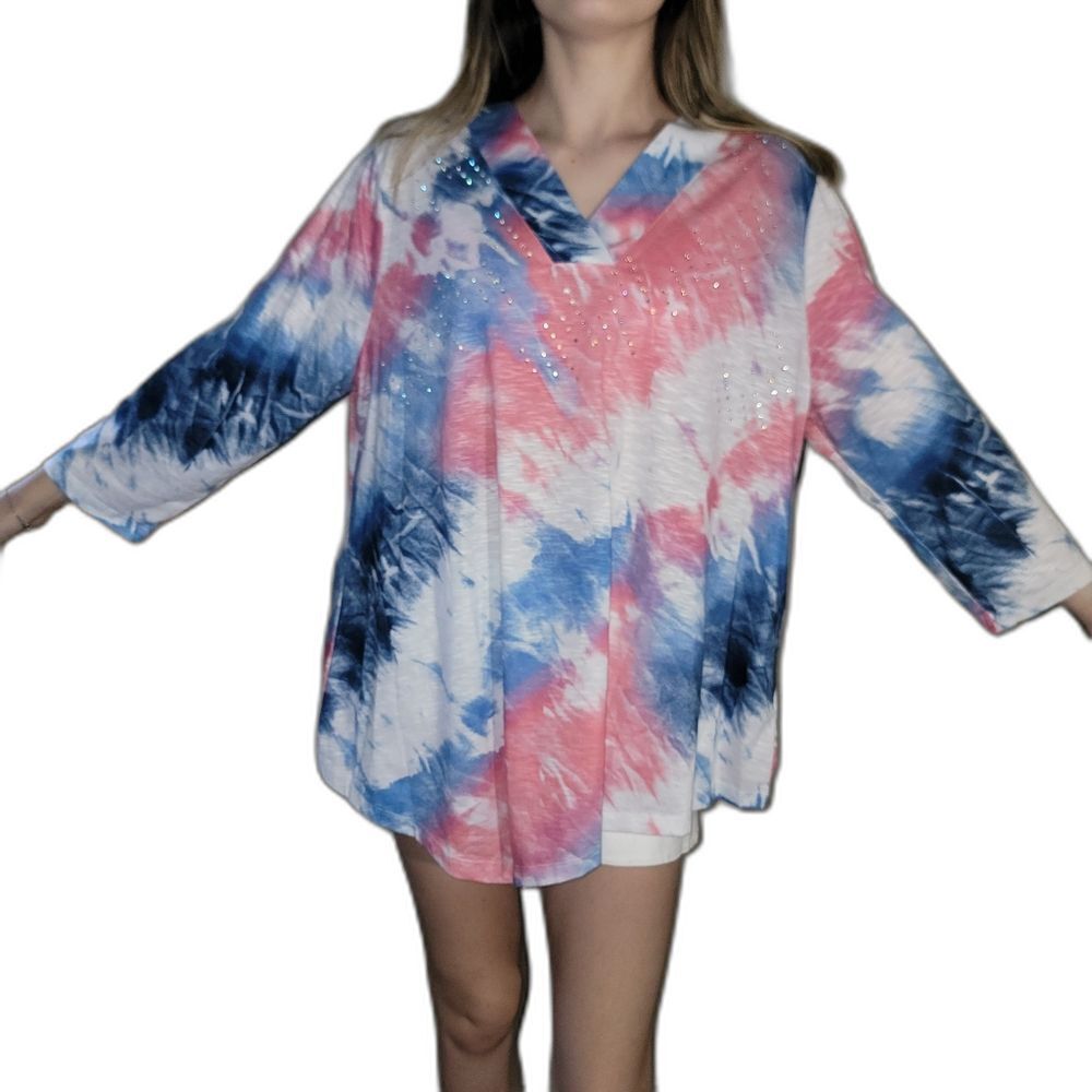 Allison Daley Womens Size XL Top V Neck Colorful Embellished Watercolor